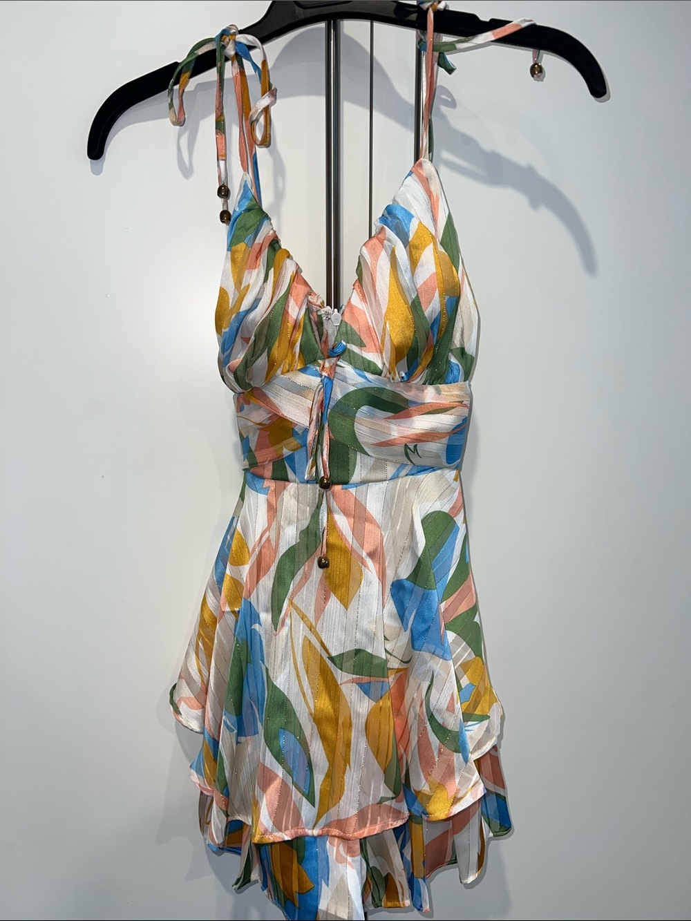 Spaghetti Strap Tie-Shoulder Leaf Print Mini Dress - Multicolor